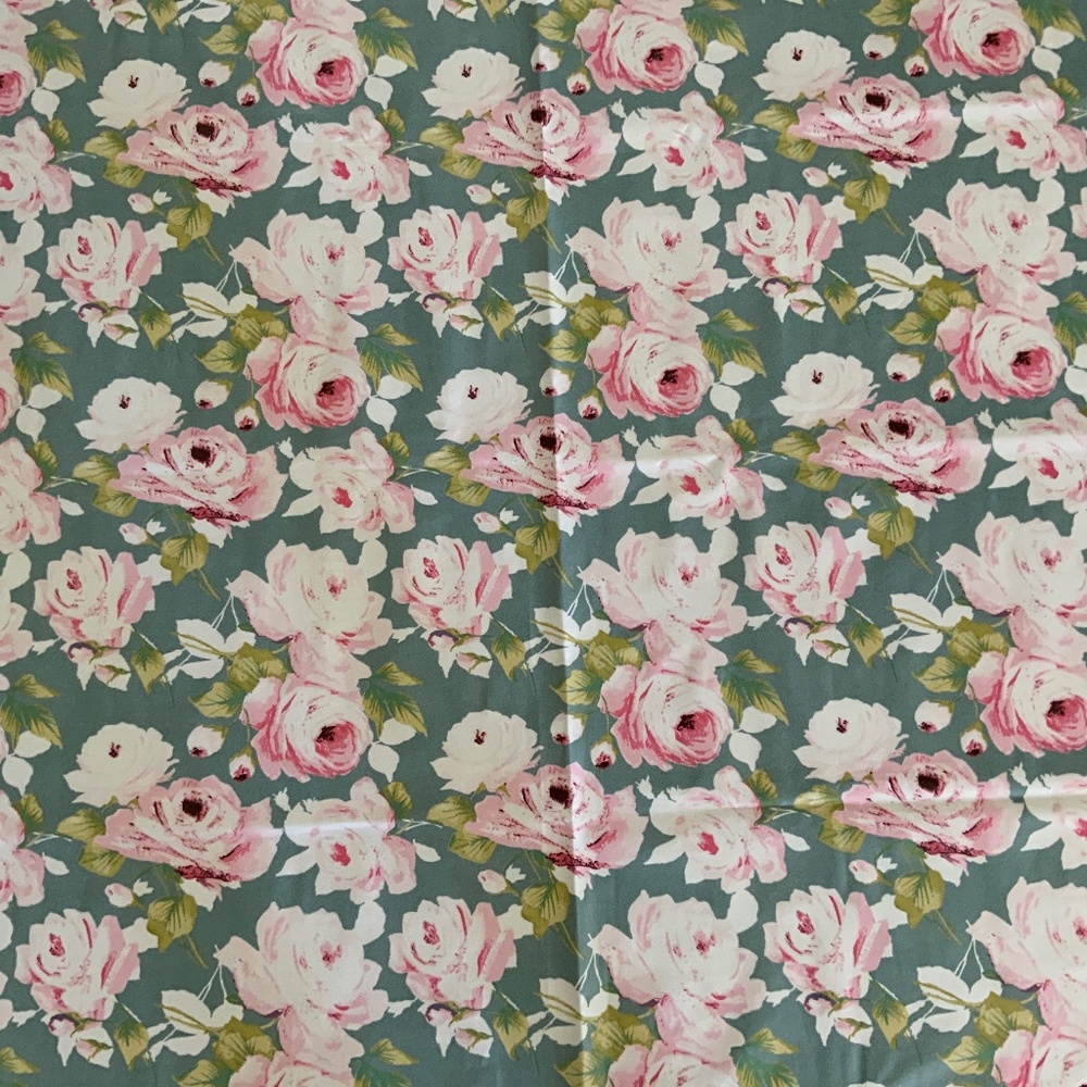 OILCLOTH FABRIC SHABBY CHIC ROSES PINK, WHITE WITH SEAFOAM BLUE BACKGROUND